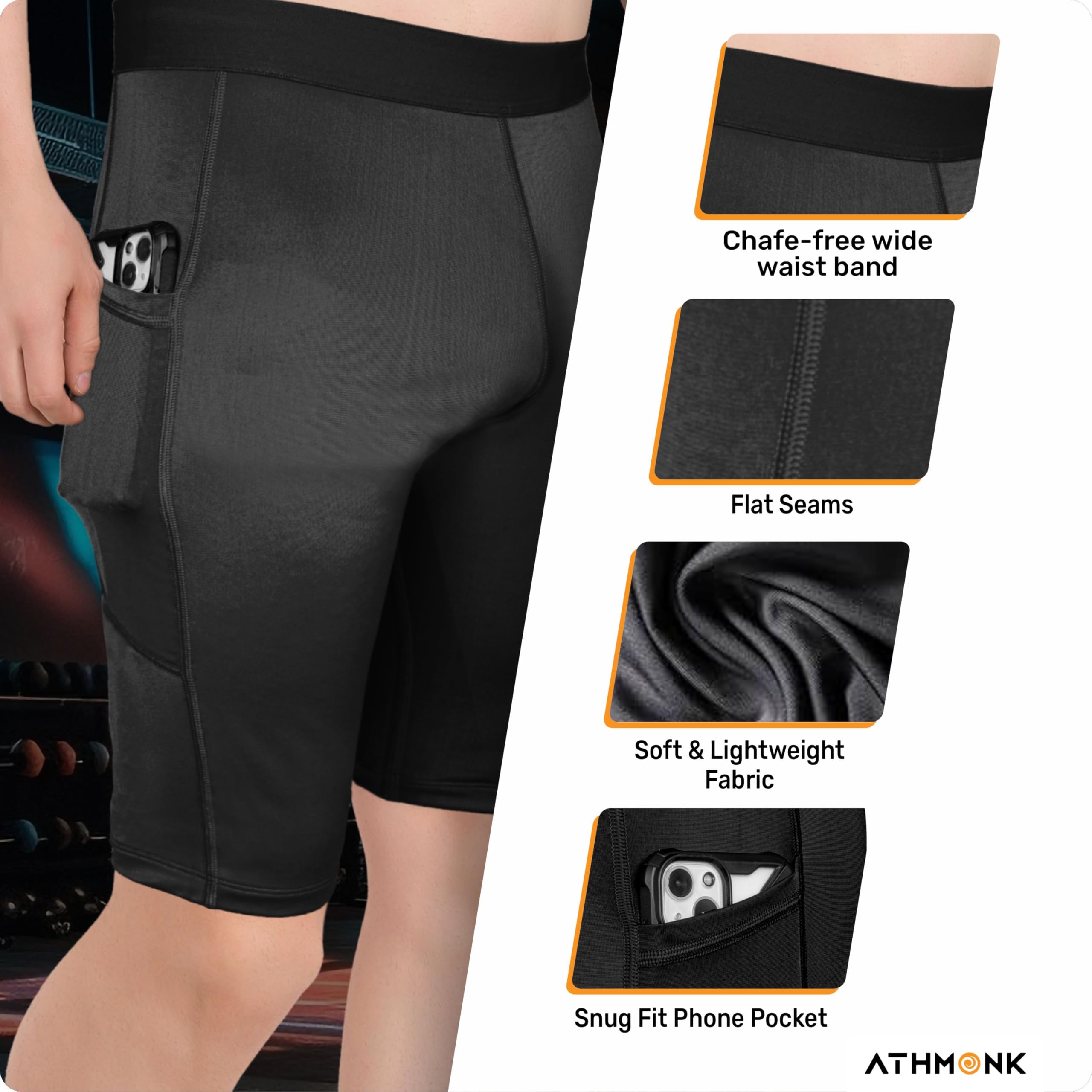 Athmonk 4-Way Lycra Compression Shorts for Men with Phone Pocket | Skin Fit, Non Padded | Cycling Running Workout Gym Cricket Football Sports | Recovery Muscle Support Quick Dry Anti-Chafe
